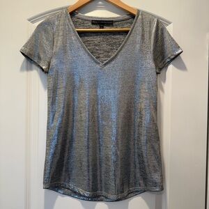 White House Black Market Metallic Silver V-Neck Tee